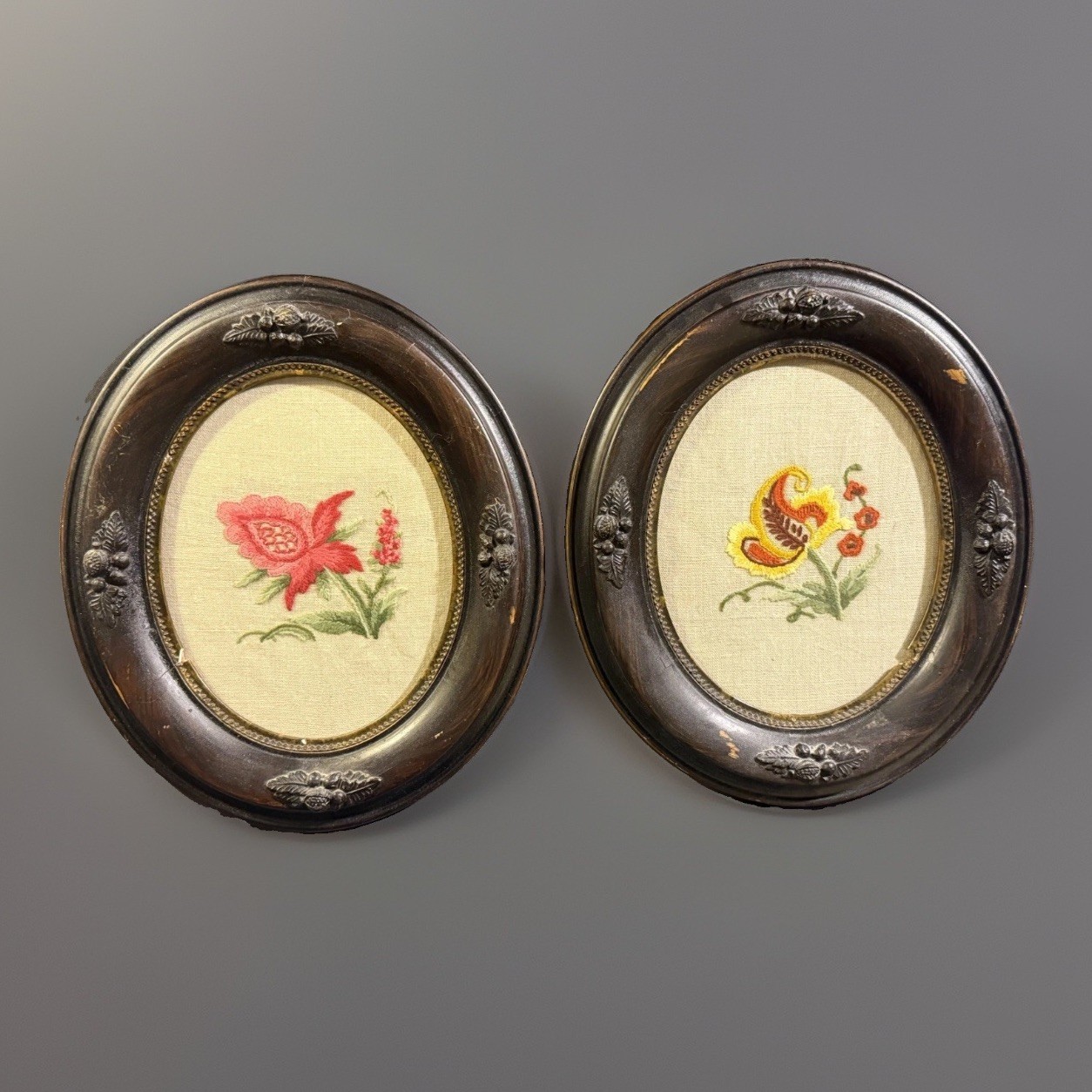 PAIR Antique Victorian Carved Wood & Gesso Frame w/ needlework crewel embroidery PAIR Antique Victorian Carved Wood & Gesso Frame w/ needlework crewel embroidery