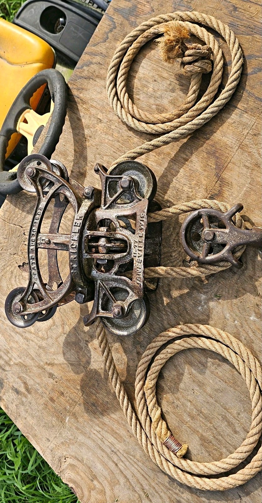 Antique 1909 STRICKLER Hay Trolley Complete Matching A-B-C Set w Vintage Rope