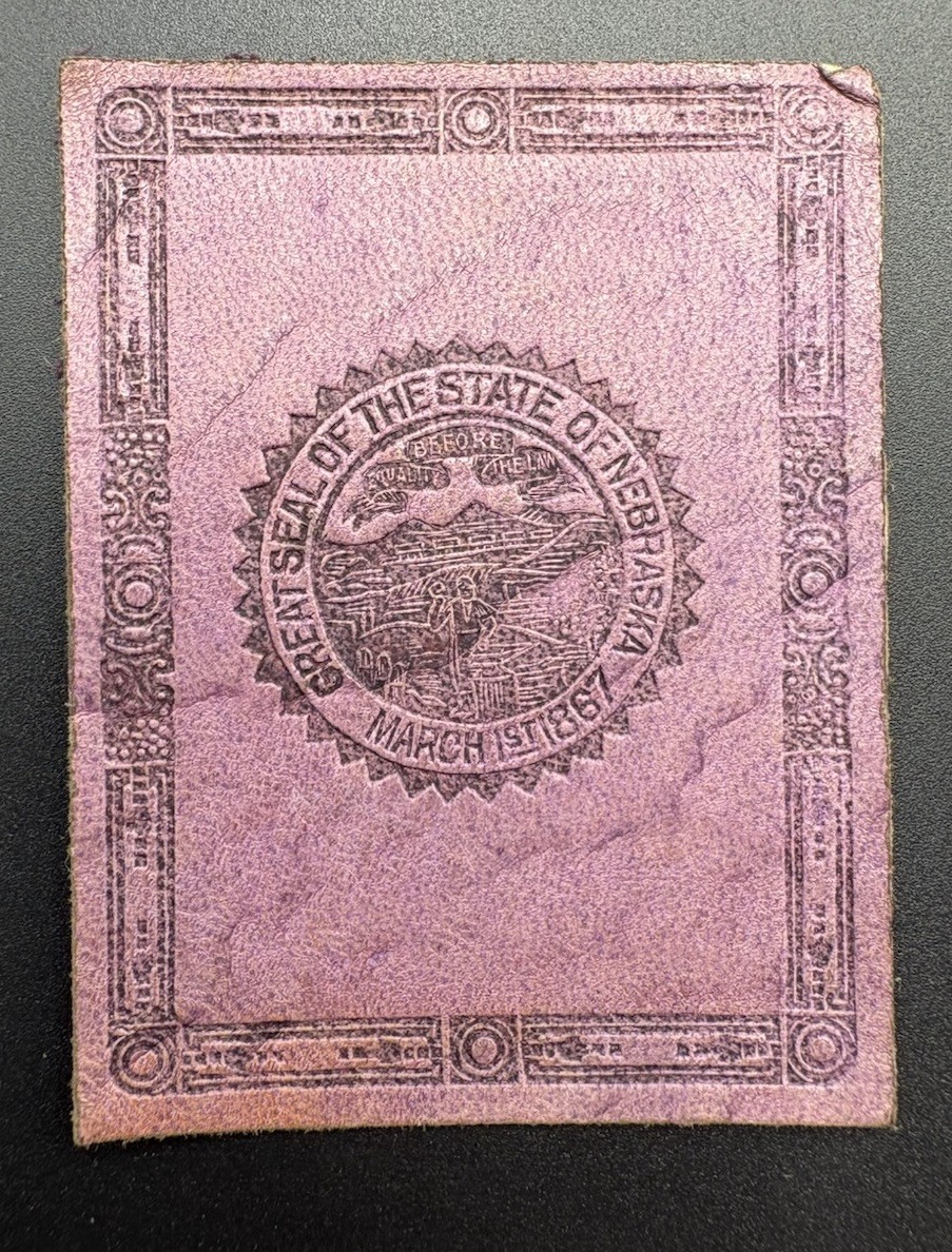 c1910 L23 Nebraska Great State Seal Tobacco Leather Antique 2x2.5 Purple