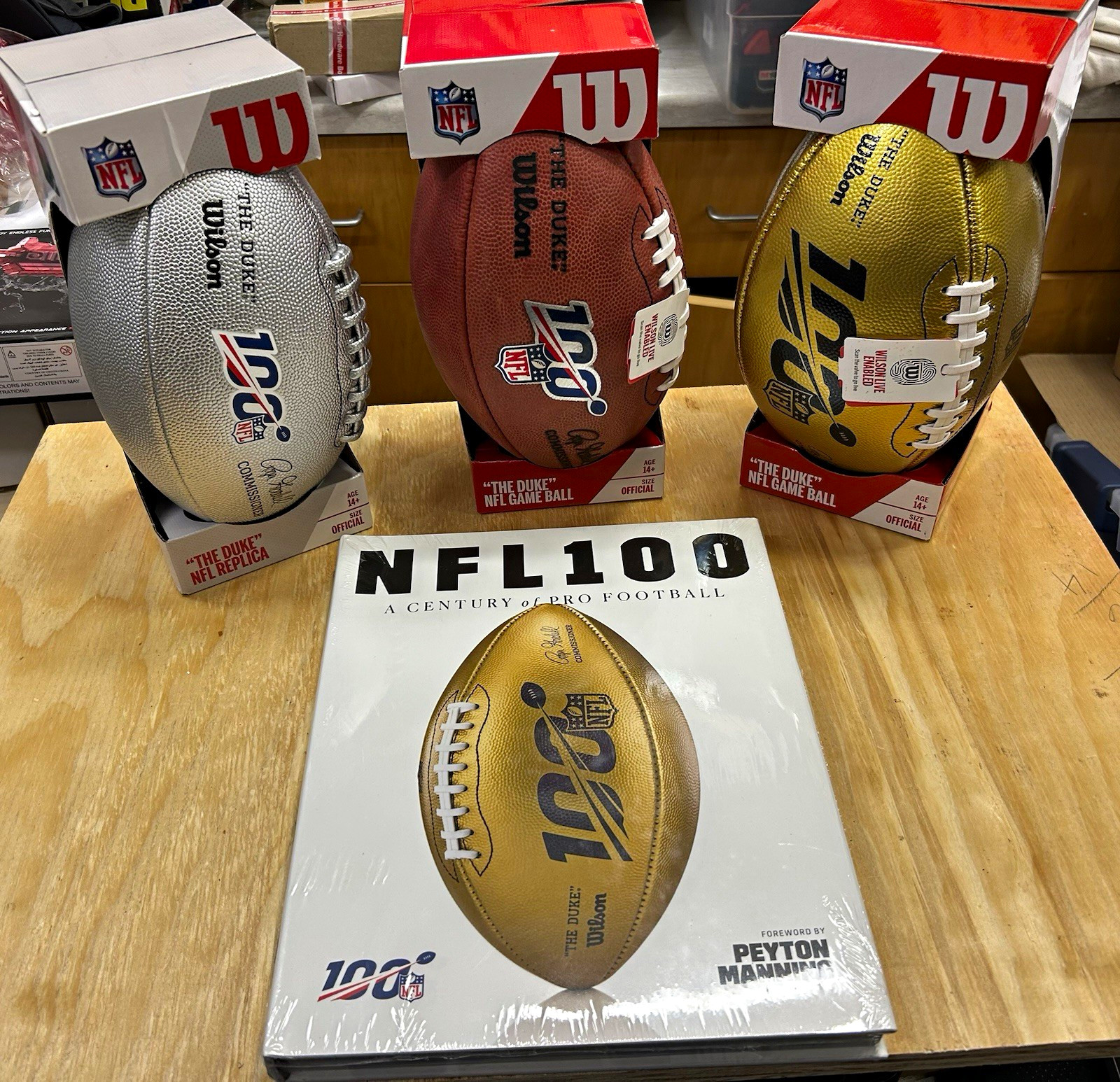 NFL100: A Century of Pro Football Book, Gold & Brown Game Balls, Silver Replica NFL100: A Century of Pro Football Book, Gold & Brown Game Balls, Silver Replica