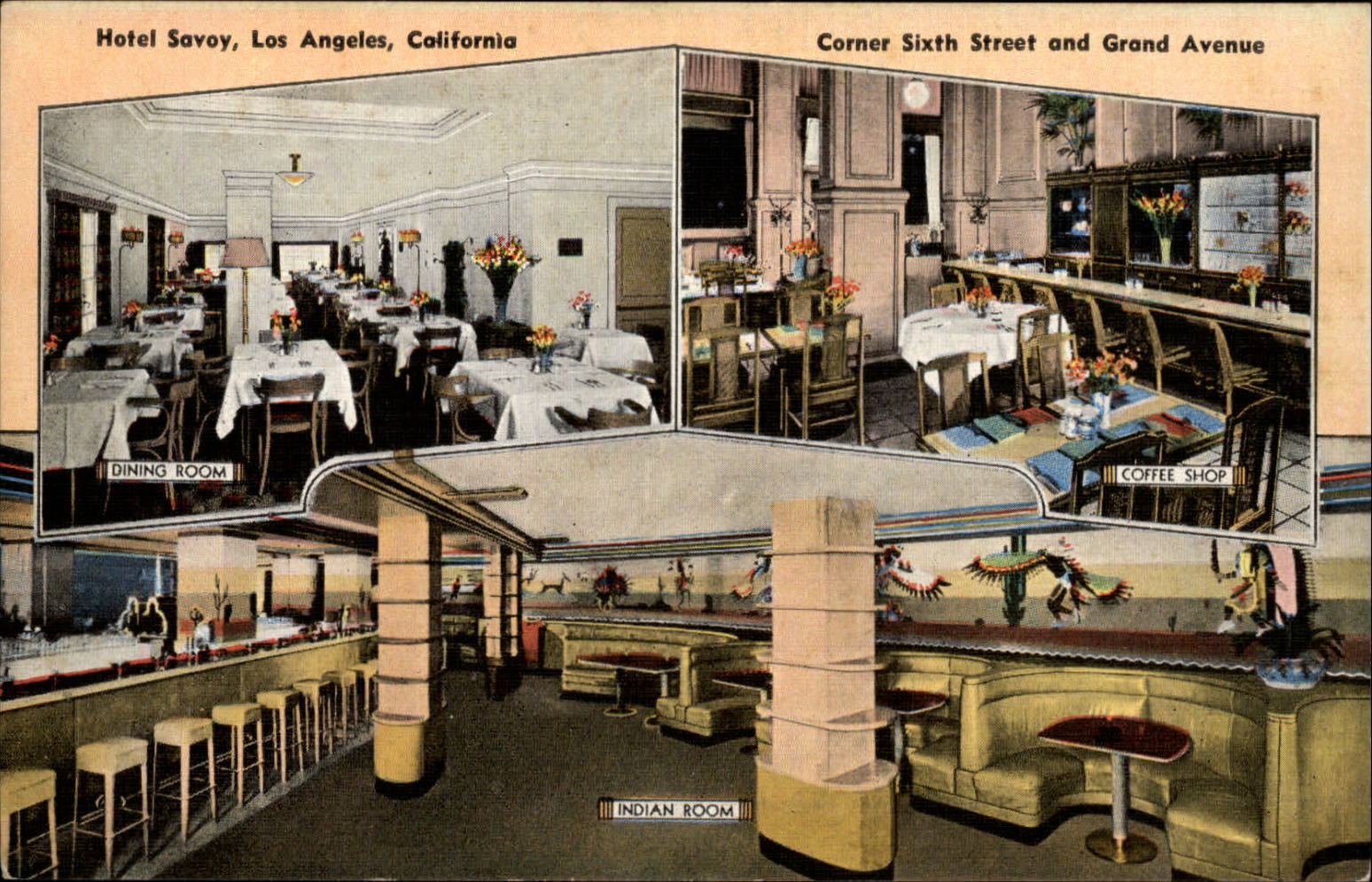 Los Angeles California Hotel Savoy dining rooms counter unused linen postcard