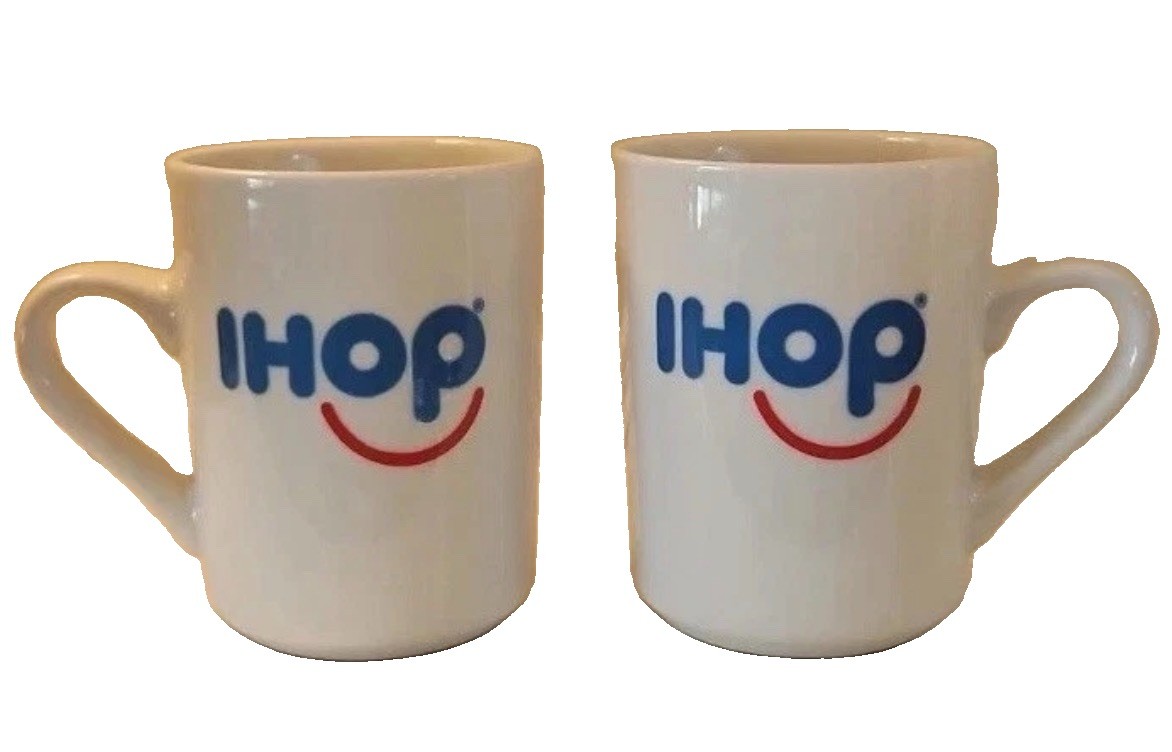 Two Authentic Vintage IHOP Smiling Logo Coffee Cups Ceramic 8 oz Set Of 2