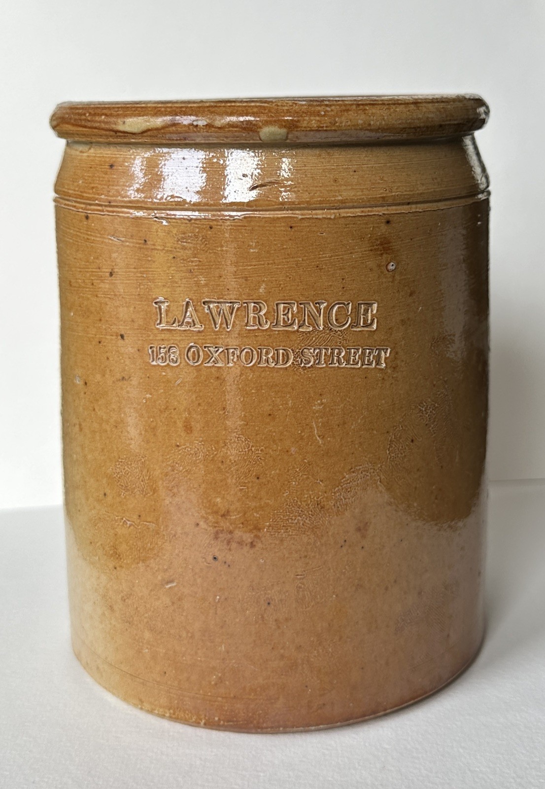 Rare Antique Early Salt Glaze London shop pot C1830s-40s LAWRENCE OXFORD STREET