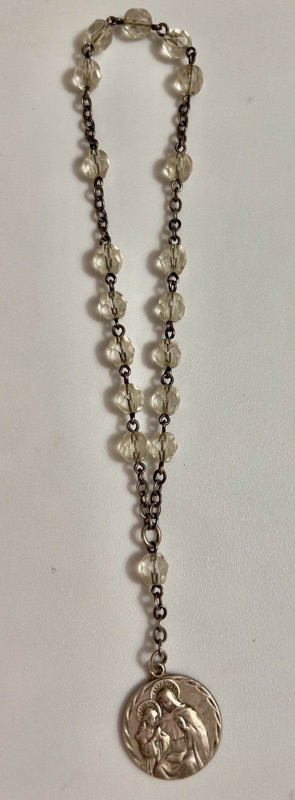 Vintage Catholic Rosary Chaplet Sterling Silver Medal Faceted Glass Beads 50Yrs