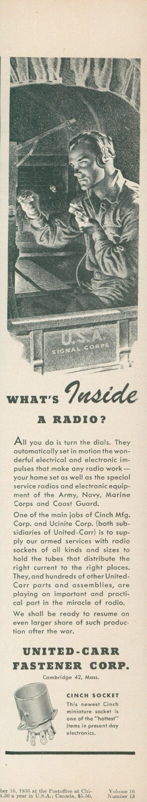1944 United Carr Fastener Armed Services Radio Sockets Vintage Print Ad L28 1944 United Carr Fastener Armed Services Radio Sockets Vintage Print Ad L28