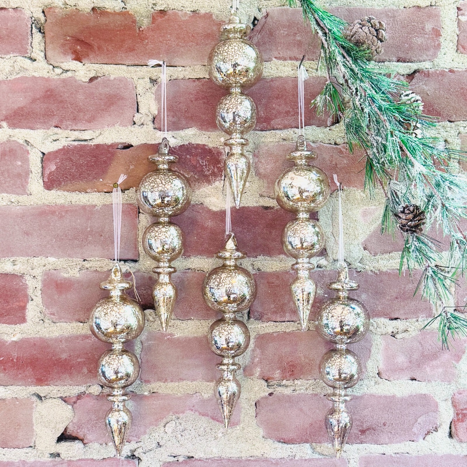 Silvered Mercury Glass Finial Ornaments Set of SIX Christmas Ornaments