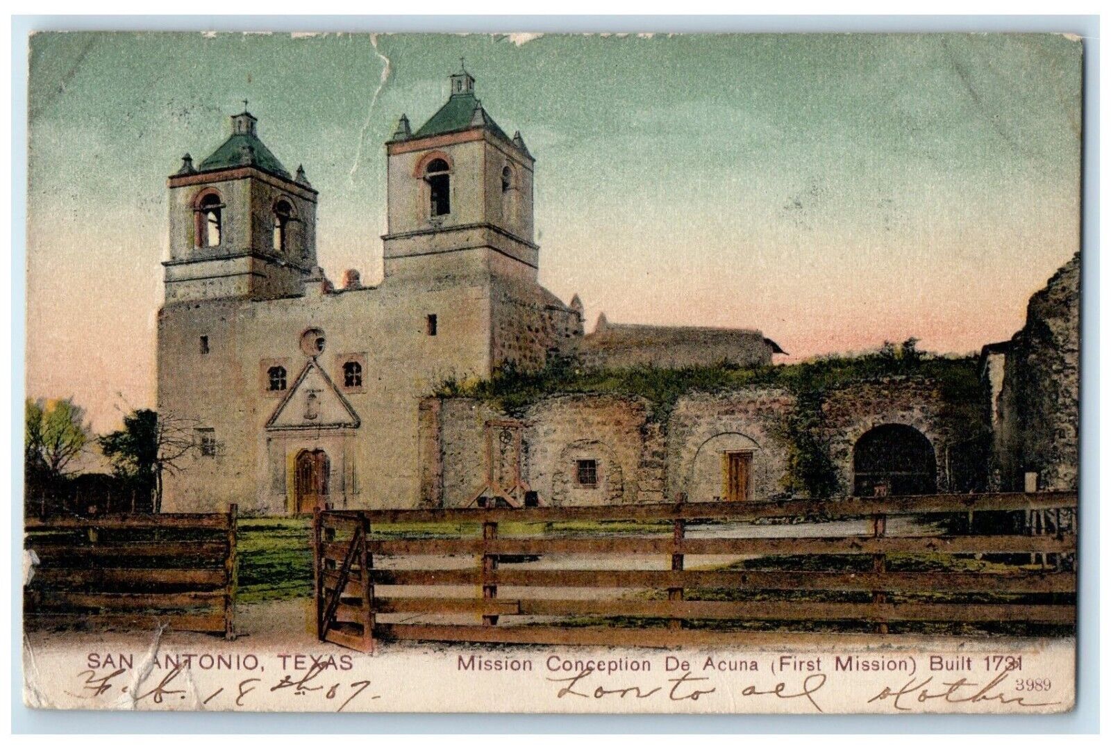 1907 Mission Conception De Acuna First Mission Field San Antonio Texas Postcard