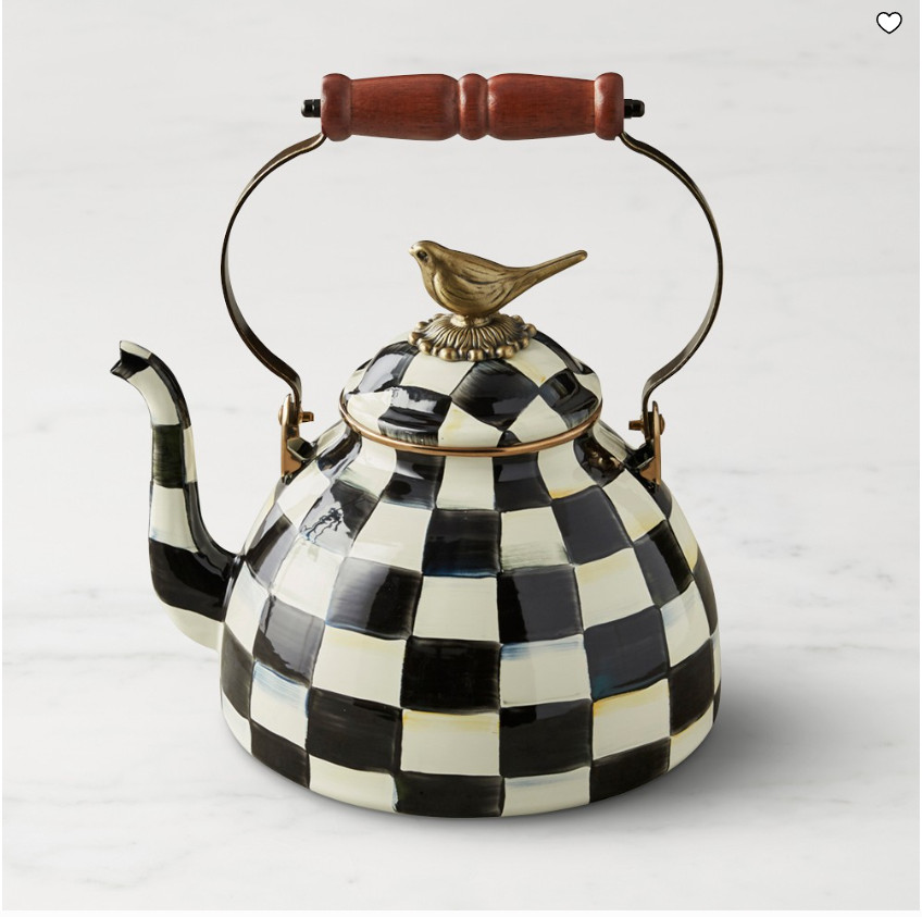MacKenzie-Childs Courtly Check Tea Kettle Bird Knob 3 Qt Enamel Steel