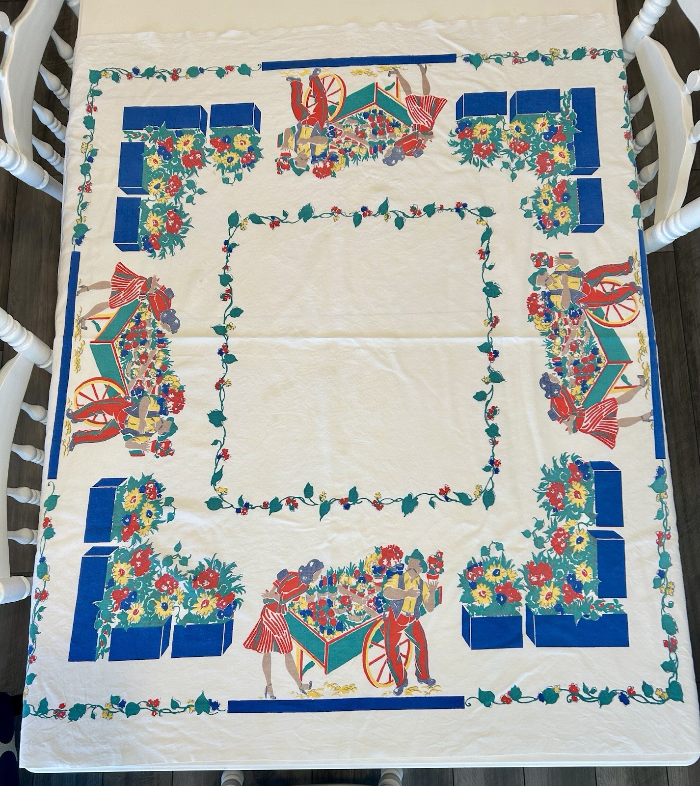 Vtg 1950s Startex Flower Vendor Tablecloth Cotton Mid Century Market Cart Rare