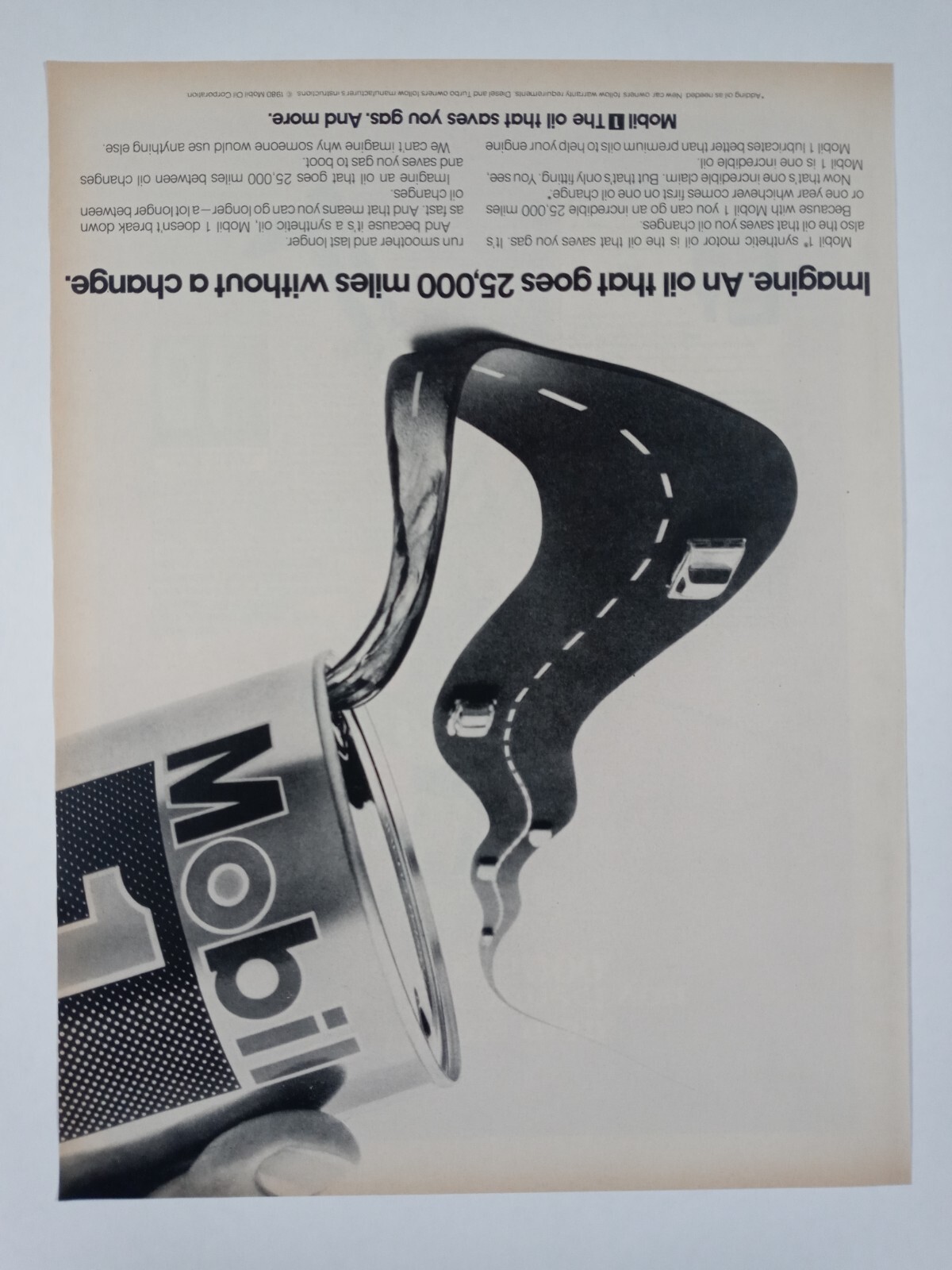1980s MOBIL Oil Change Gas Can Car Road Plain 25K B&W Vintage Poster Print Ad 1980s MOBIL Oil Change Gas Can Car Road Plain 25K B&W Vintage Poster Print Ad