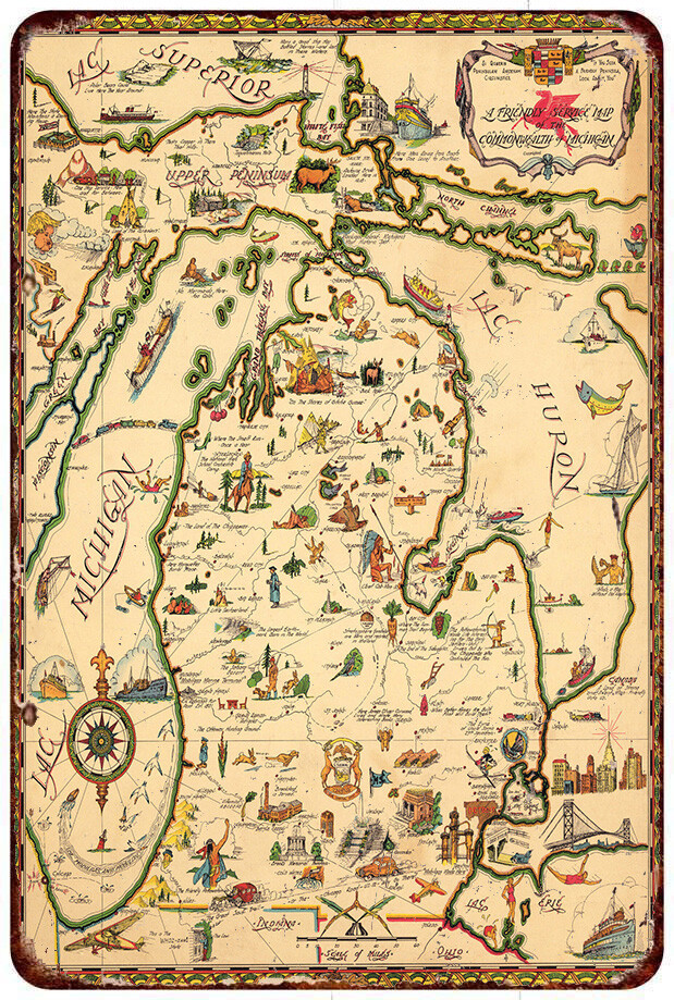 Commonwealth of Michigan map 1935 Vintage LOOK Reproduction Metal sign Commonwealth of Michigan map 1935 Vintage LOOK Reproduction Metal sign