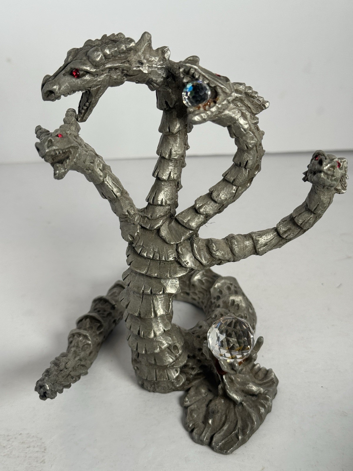 Vintage Sunglo DeNicolo Hydra Pewter Dragon 1991 Four Heads Crystal Figurine
