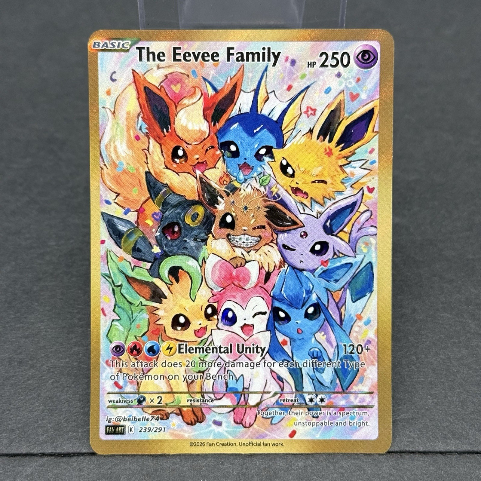 The Eevee Family Gold Foil Shinny Full Fan Art Custom Holographic Collector Card