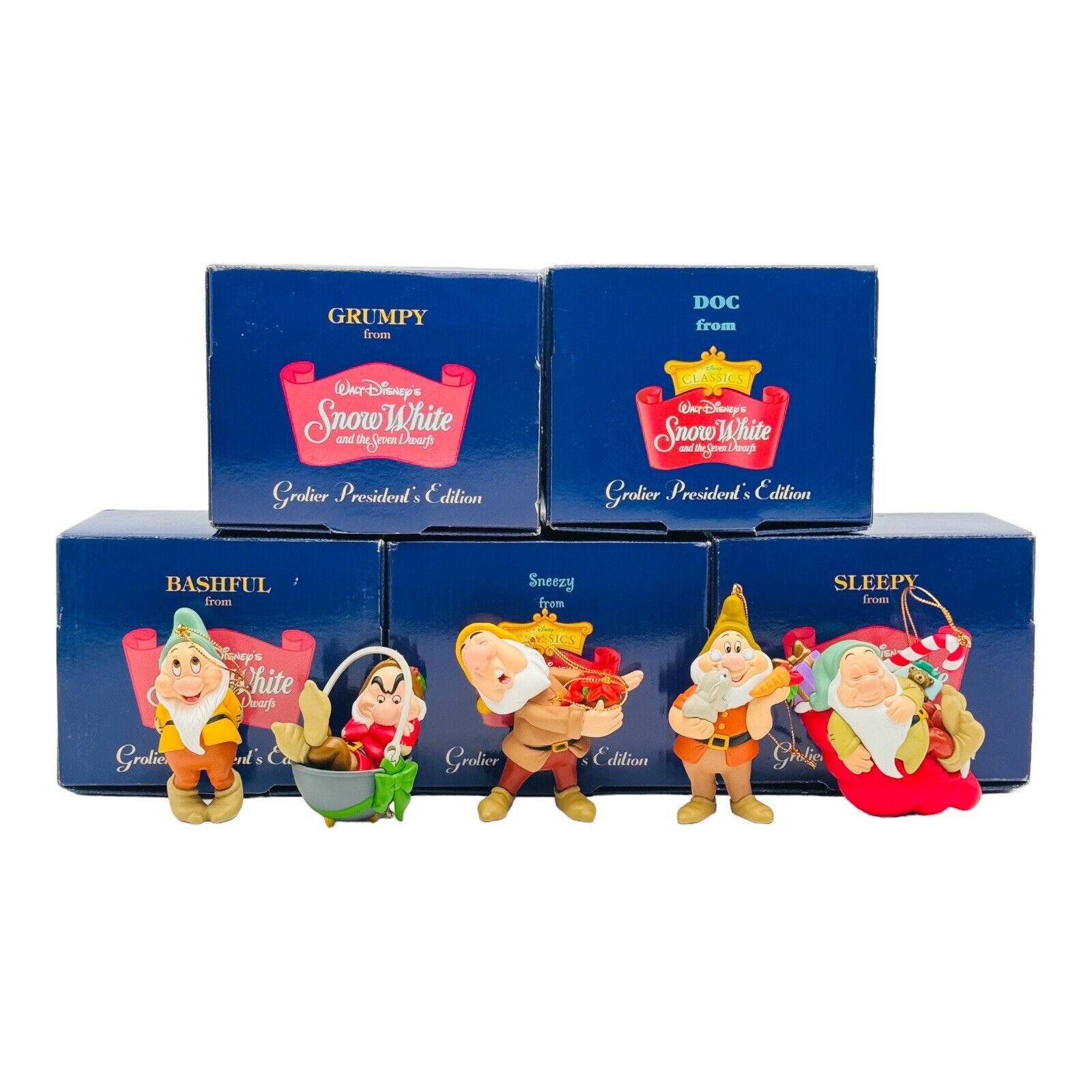 Grolier Disney's Seven Dwarfs President's Edition Christmas Ornaments 5 Pc Set