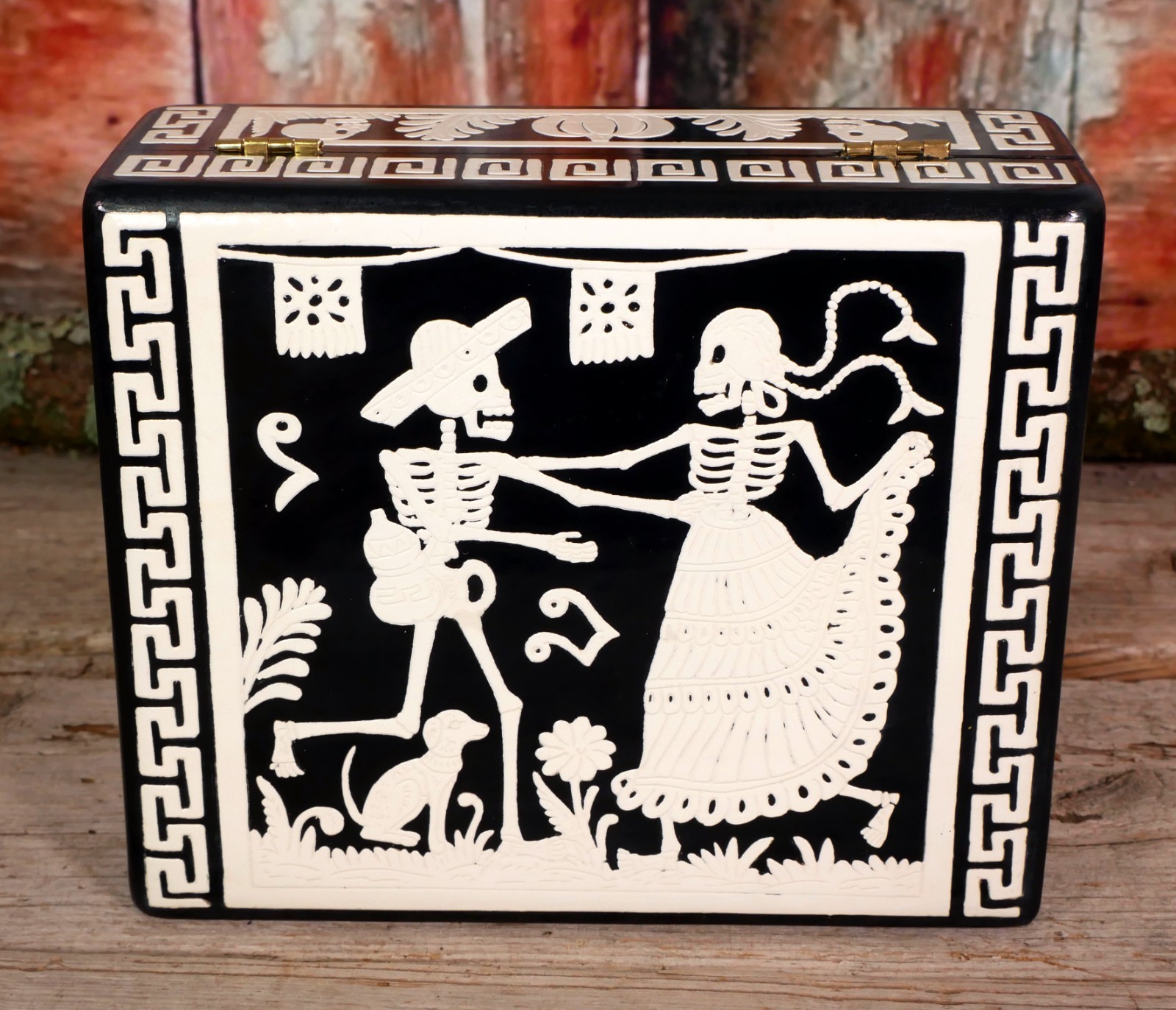 Handmade Day of the Dead Lacquer Box Dancing Skeletons & Dog Mexican Folk Art