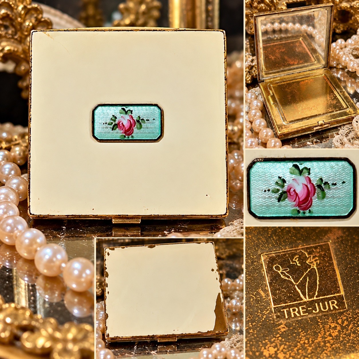 Vtg 1920 Tre-Jur Signed Ivory Enamel Powder Compact Pink Rose Guilloché ArtDeco 