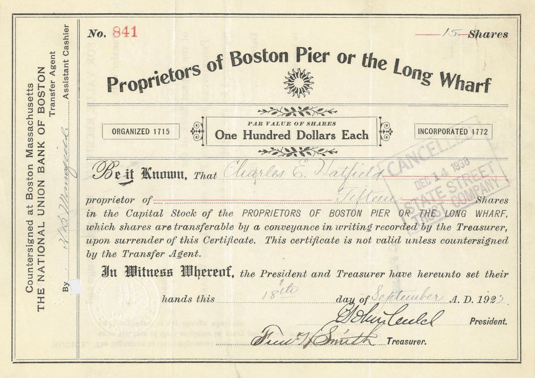 Proprietors of Boston Pier or the Long Wharf - Massachusetts Shipping Stock Cert