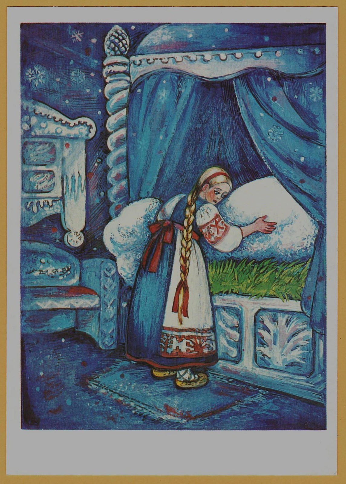 Father Frost HARDWORKING GIRL Snow Bed Russian Fairy Tale USSR Soviet Postcard