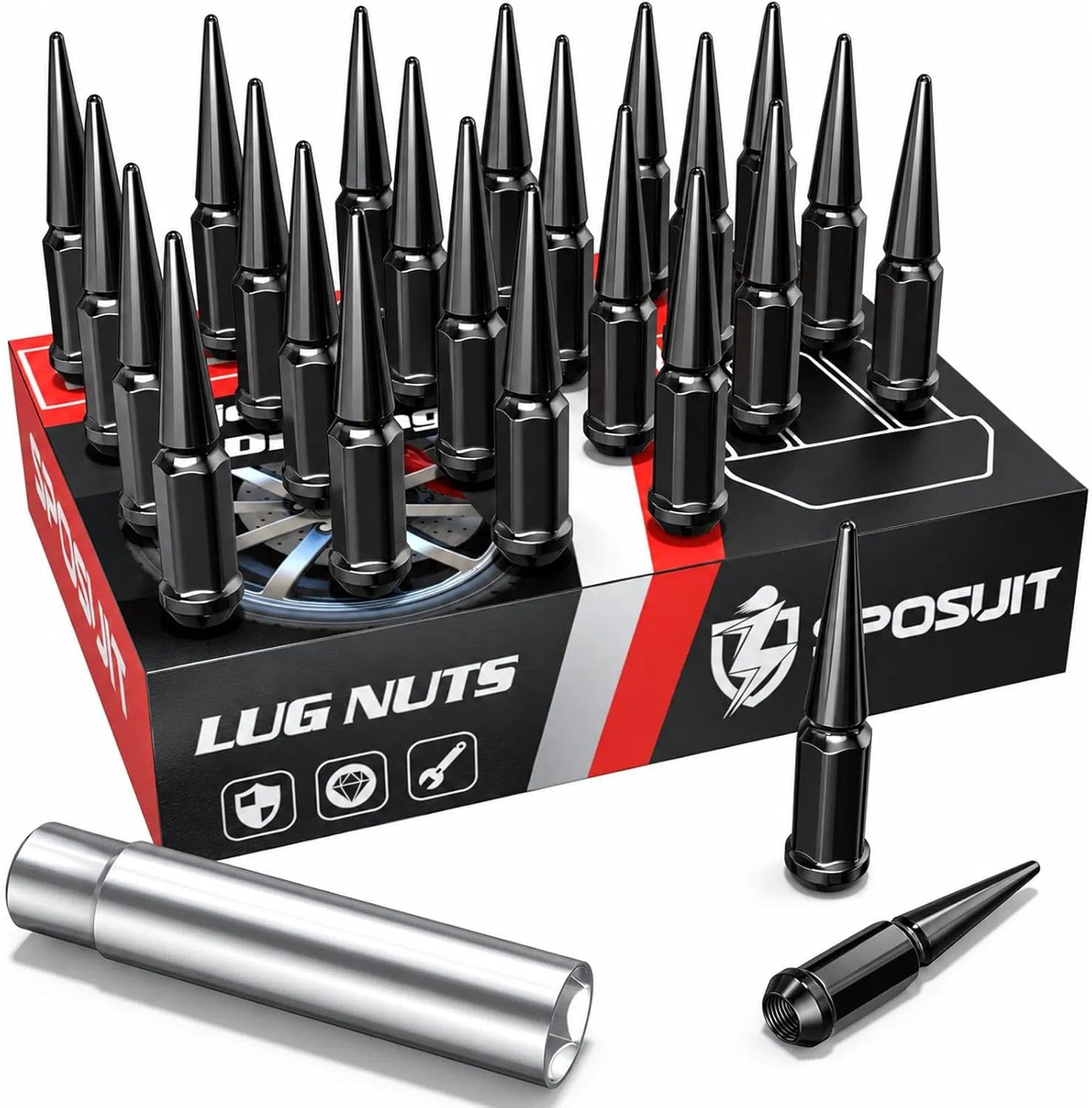 24 Pcs M14X1.5 7 Spline Spike Black Lug Nuts for Chevy, GMC, Ford
