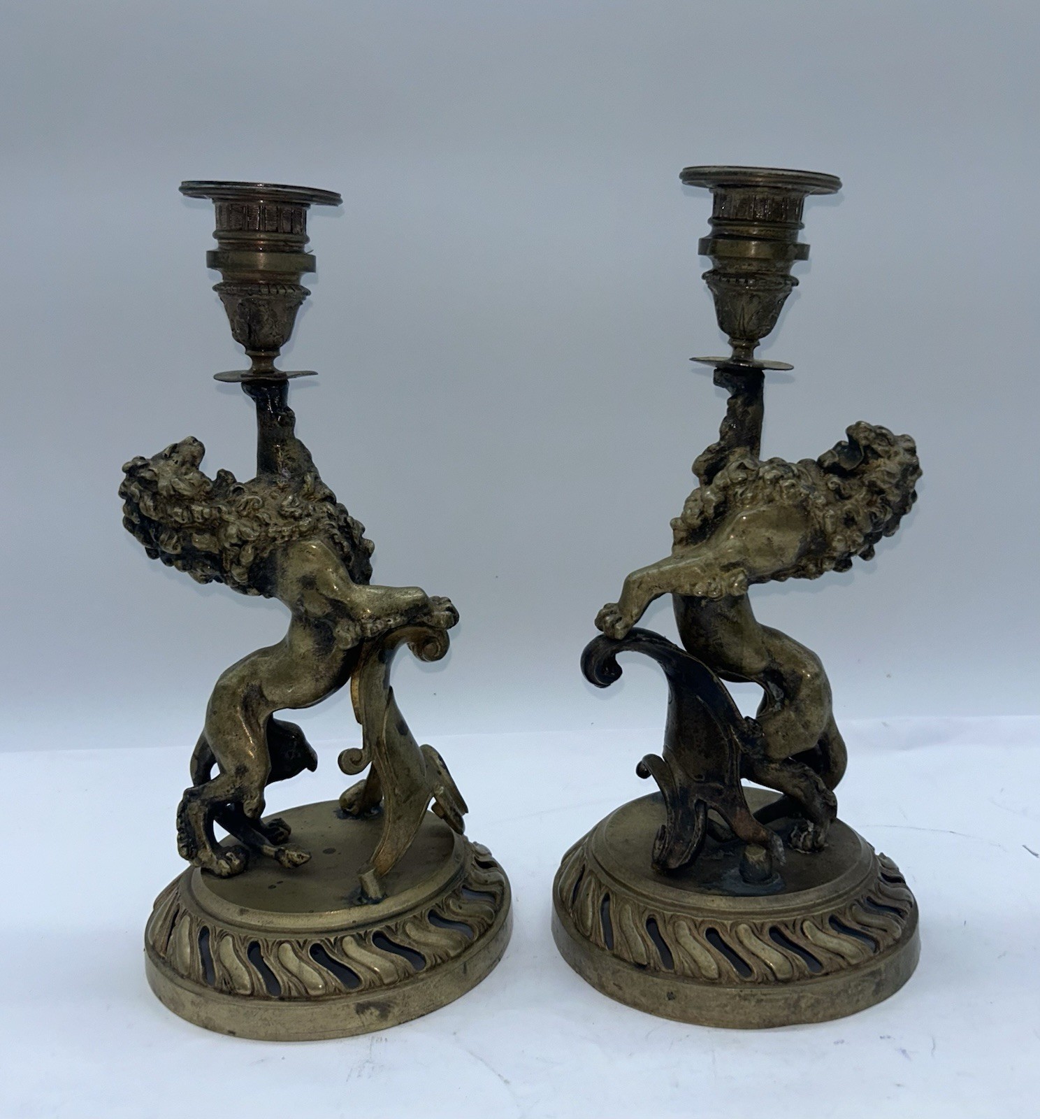 Vintage Brass Heraldic Lion Candlesticks Pair, 10” H Candle Holders