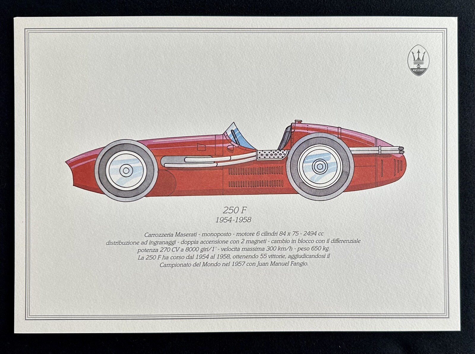 MASERATI 250 F Race Car 1954-1958 Watercolor Technical Art Print Specs Italian MASERATI 250 F Race Car 1954-1958 Watercolor Technical Art Print Specs Italian