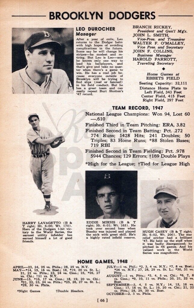 1948 Brooklyn Dodgers Team Jackie Robinson Rookie Vintage Baseball Print Ad Page