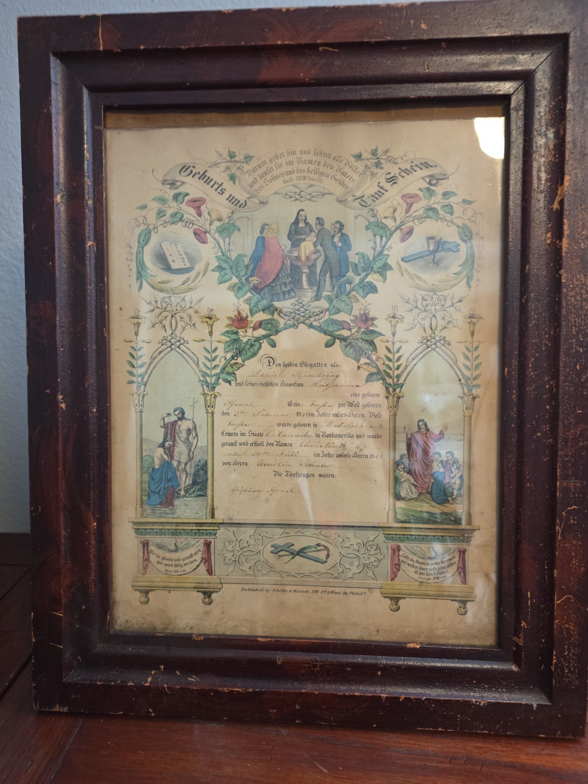 Antique Framed German Baptism Certificate from 1848 Antique Framed German Baptism Certificate from 1848