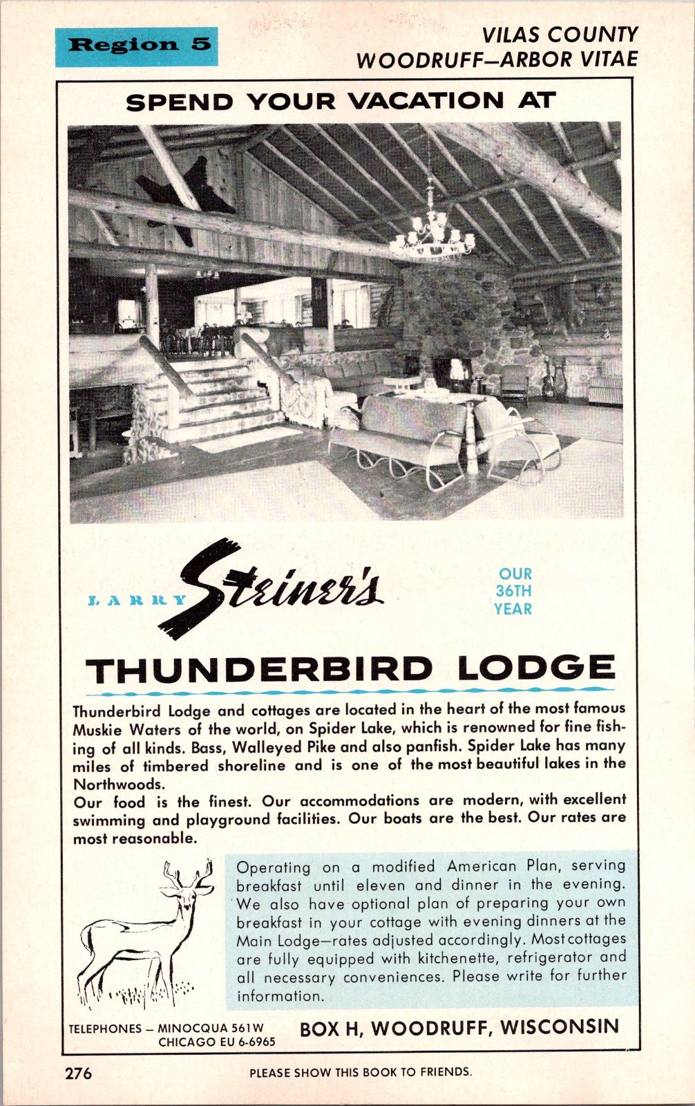 Larry Striner's Thunderbird Lodge Our 36th Year Woodruff WI 1963 WI Ad TB4 Larry Striner's Thunderbird Lodge Our 36th Year Woodruff WI 1963 WI Ad TB4