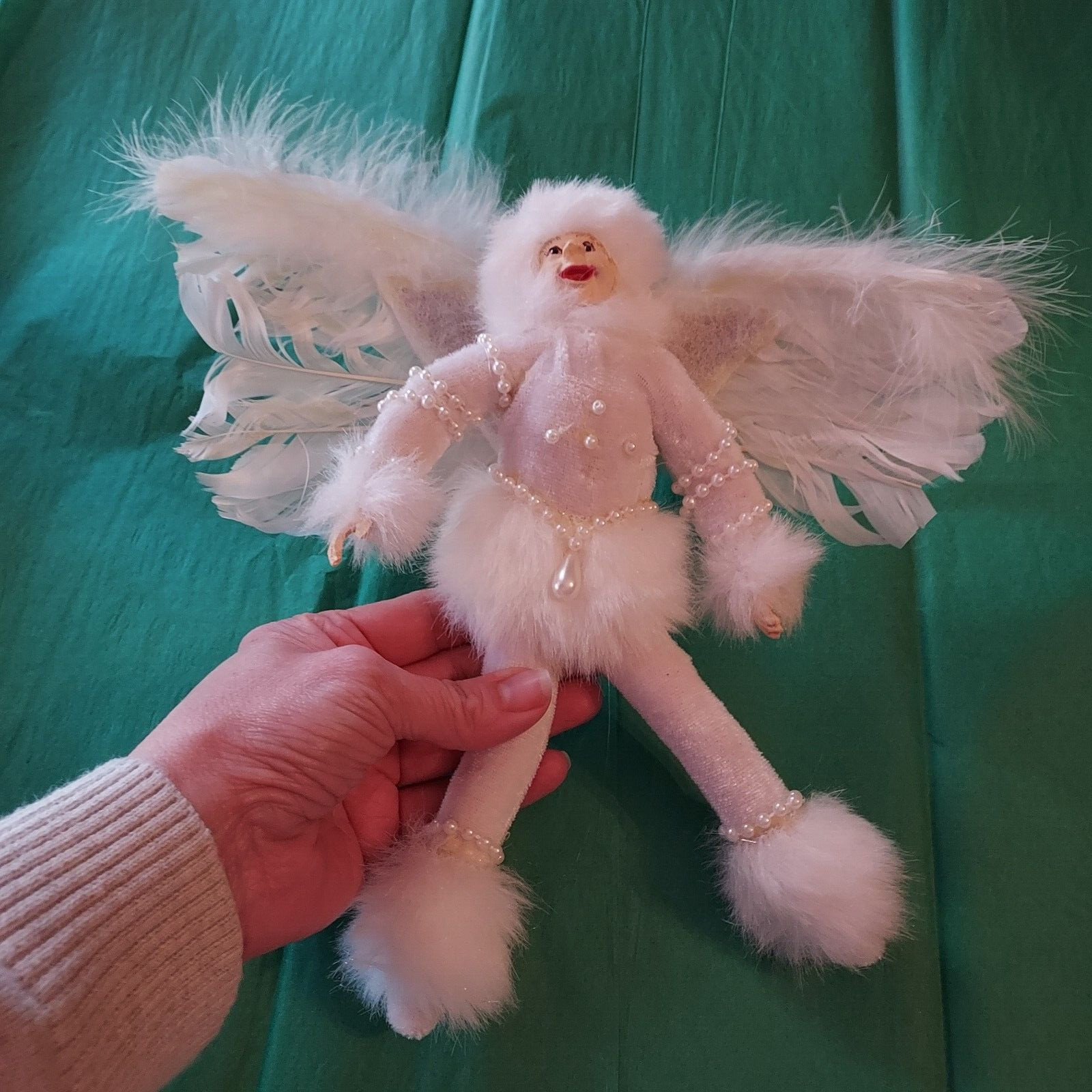 Lovely VTG Victorian Angel Fairy Elf White Beaded Christmas Ornament Feathers Lovely VTG Victorian Angel Fairy Elf White Beaded Christmas Ornament Feathers