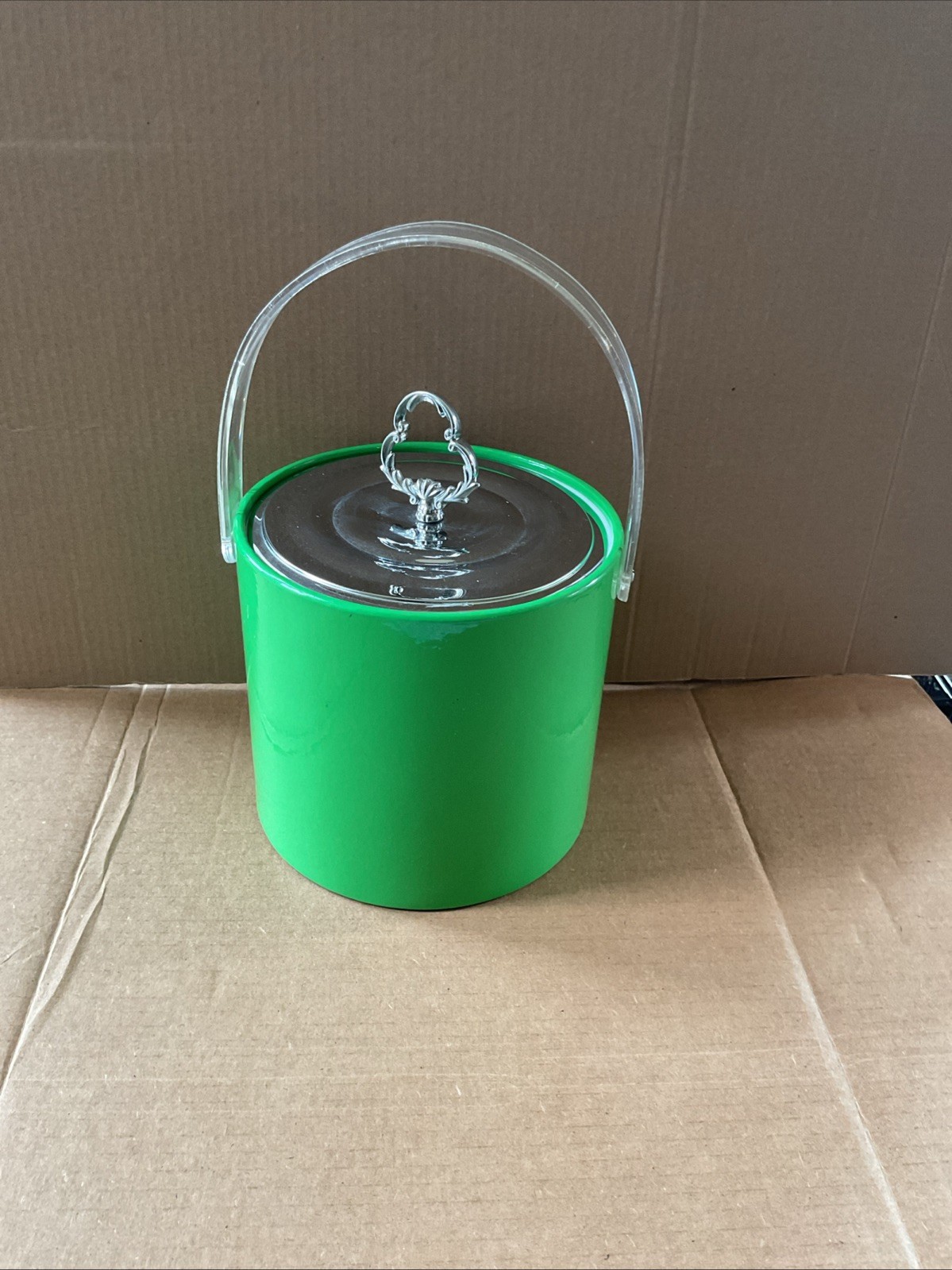 VTG Georges Briard GREEN Vinyl Ice Bucket 1970s Mid Century Barware Retro Round