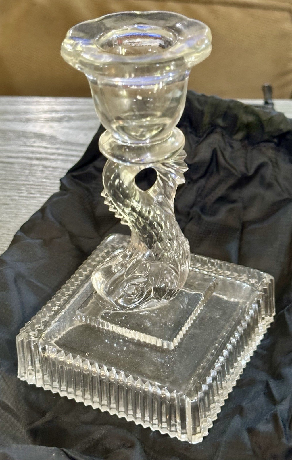 Vintage Clear Pressed Glass Koi Fish Dolphin Candlestick Holder Square Base 5” Vintage Clear Pressed Glass Koi Fish Dolphin Candlestick Holder Square Base 5”