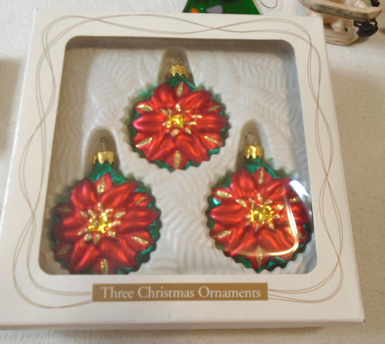 Vintage 1998 Blown Glass Poinsettia Ornaments - Lot of 3 with Original Box Vintage 1998 Blown Glass Poinsettia Ornaments - Lot of 3 with Original Box