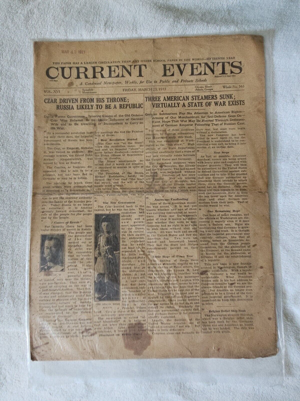 Current Events Newspaper March 23 1917 Czar Driven From Throne Russia 