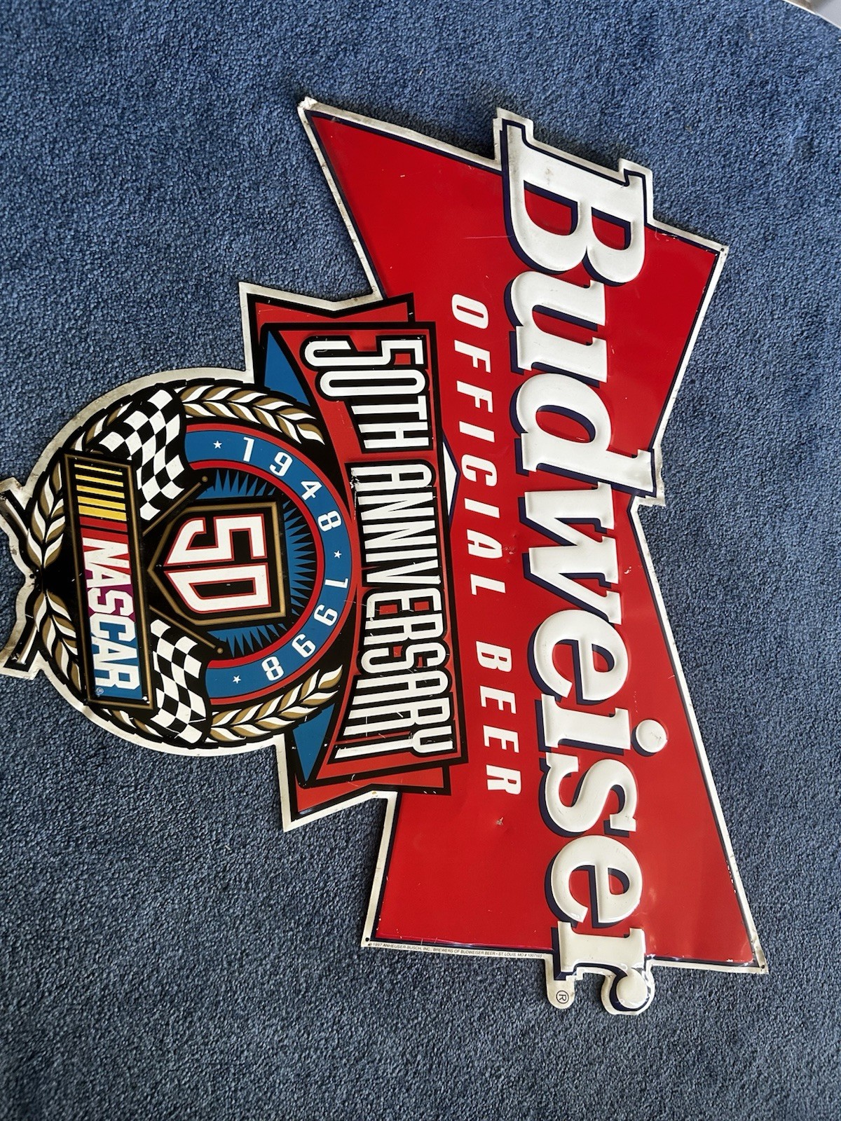 VTG 1948-1998 Budweiser NASCAR 50th Anniversary Metal Sign Official Beer VTG 1948-1998 Budweiser NASCAR 50th Anniversary Metal Sign Official Beer
