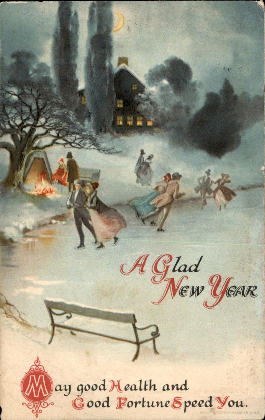 New Year's Ice Skaters by Cottage Winter Scene c1910s-20s Vintage Postcard New Year's Ice Skaters by Cottage Winter Scene c1910s-20s Vintage Postcard