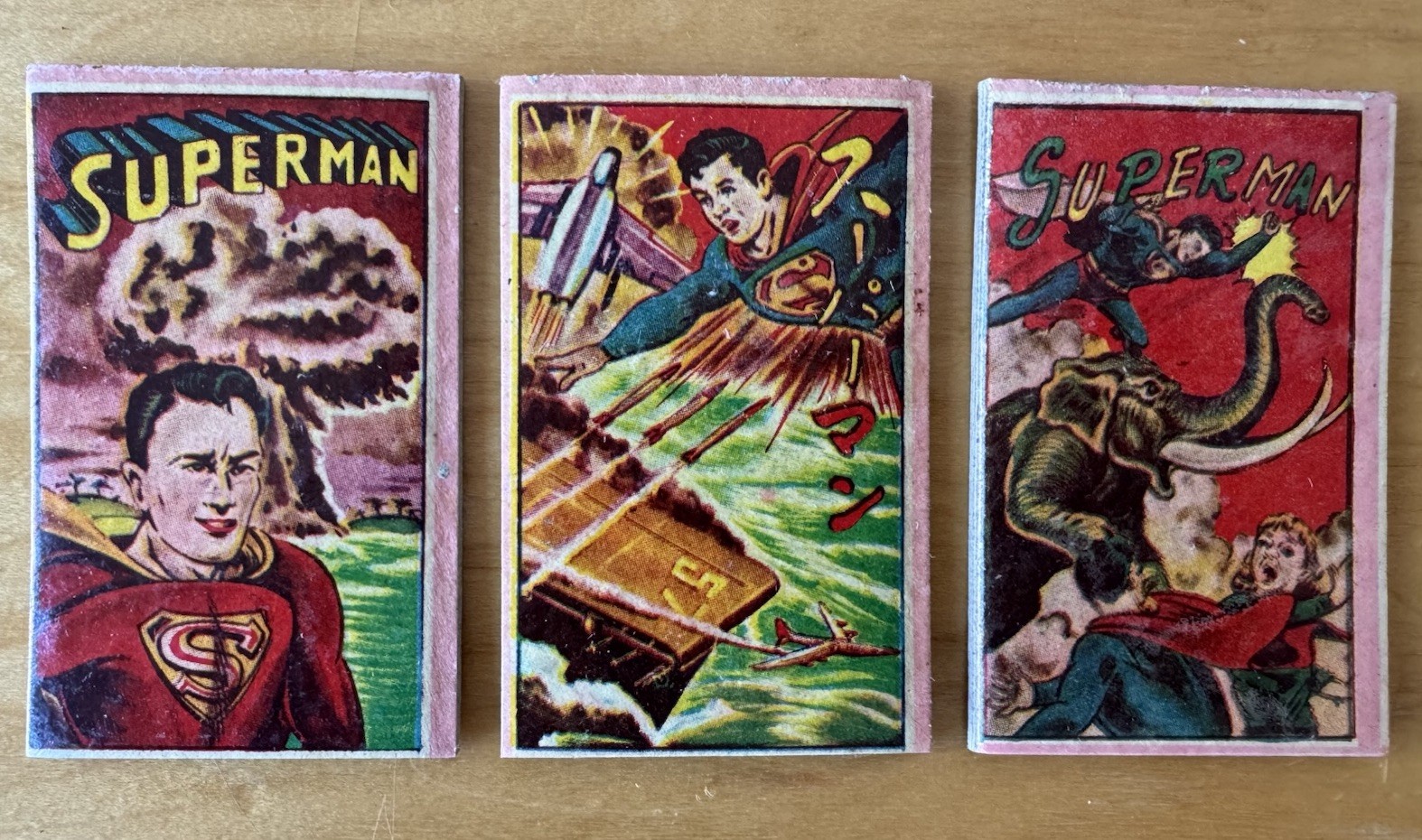 Vintage Superman Japanese Menko Cards Lot Of 3 Atom Bomb 1950s Thick Cardboard