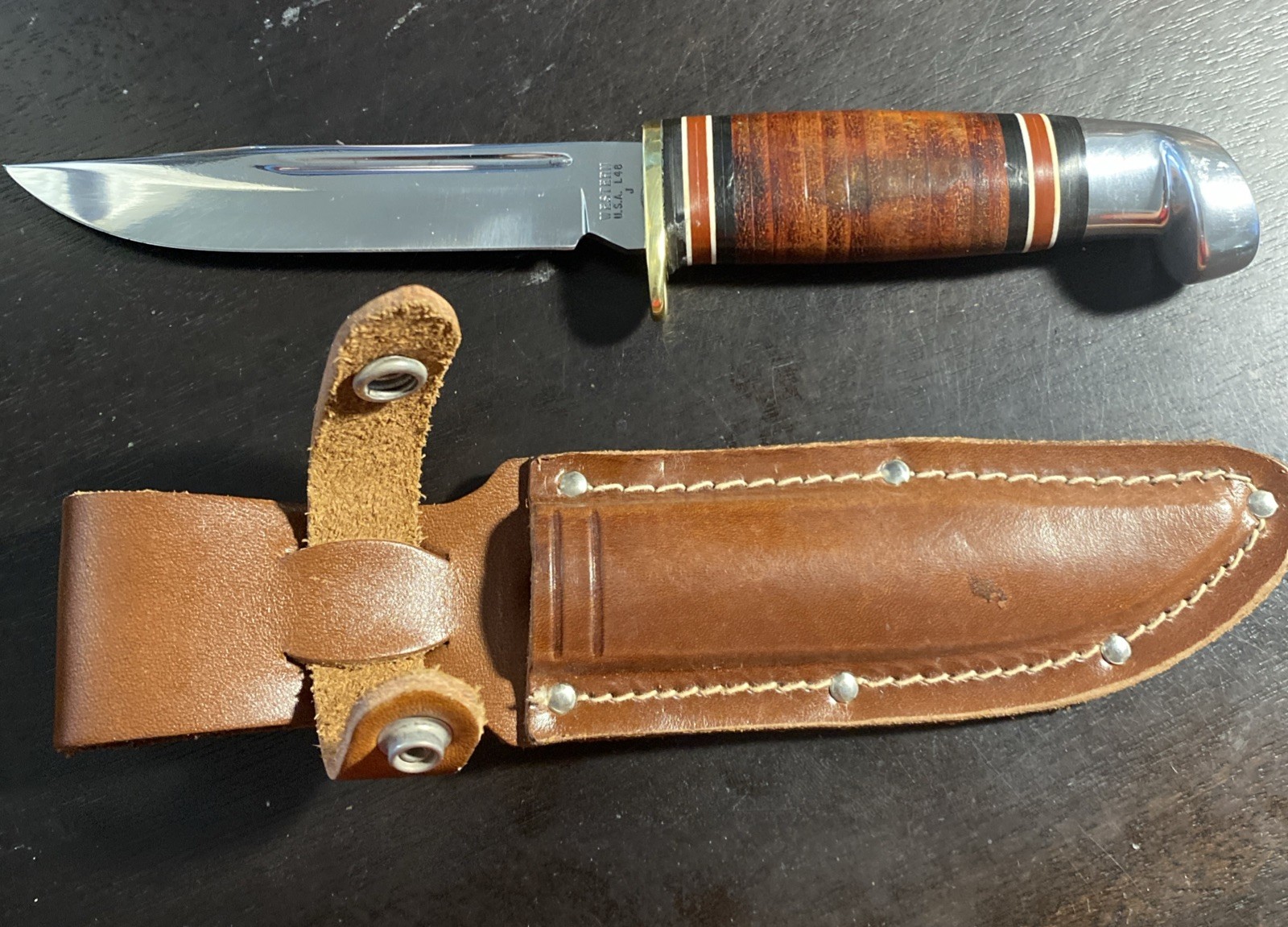 Rare Western Knife L48 Stamped J W/ Leather Handle & Sheath Beautiful See Desc Rare Western Knife L48 Stamped J W/ Leather Handle & Sheath Beautiful See Desc