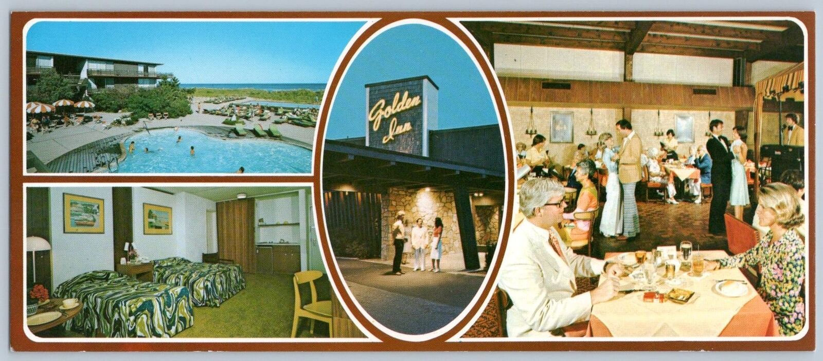 1960-70\'s AVALON NJ GOLDEN INN RESORT HOTEL MCM BEDSPREADS PANORAMIC POSTCARD