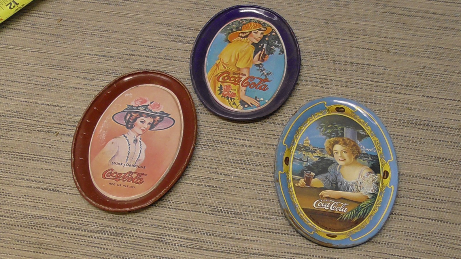 Vintage 1970s Coca‑Cola Tin Tip Oval Trays Girl ladies Vintage 1970s Coca‑Cola Tin Tip Oval Trays Girl ladies