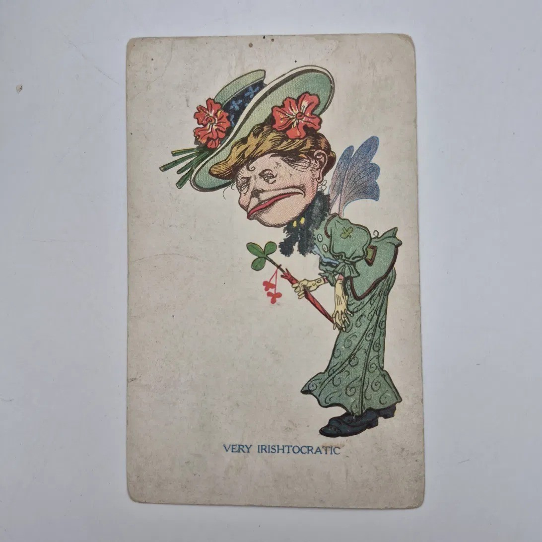 Antique 1912 Irish Comic Postcard Very Irishtocratic Caricature Lady Shamrock