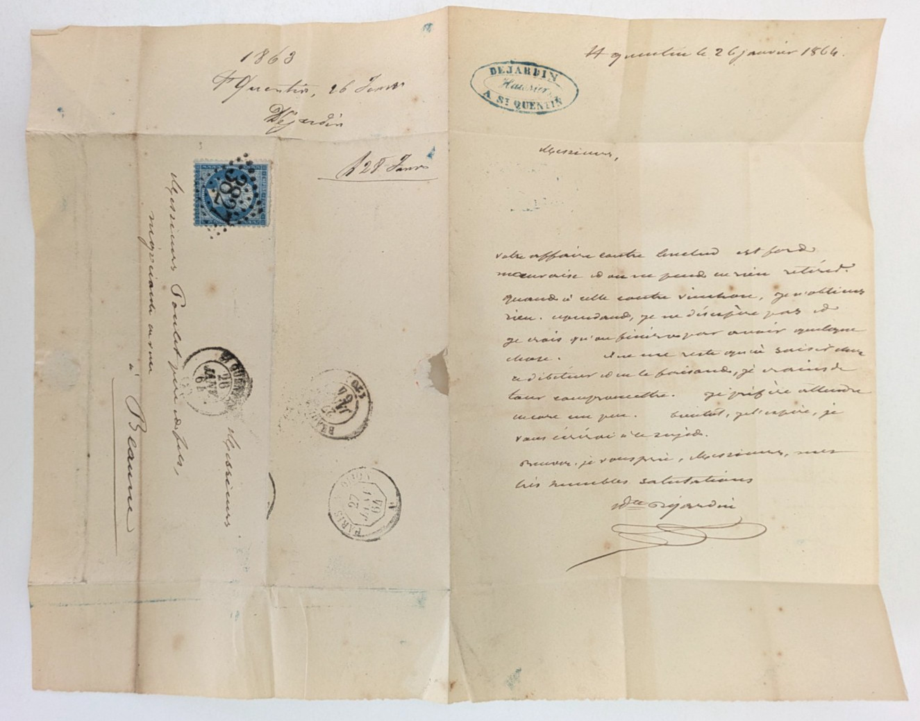 1864 France 20c Blue Napoleon III Cover St. Quentin Cancel 1864 France 20c Blue Napoleon III Cover St. Quentin Cancel