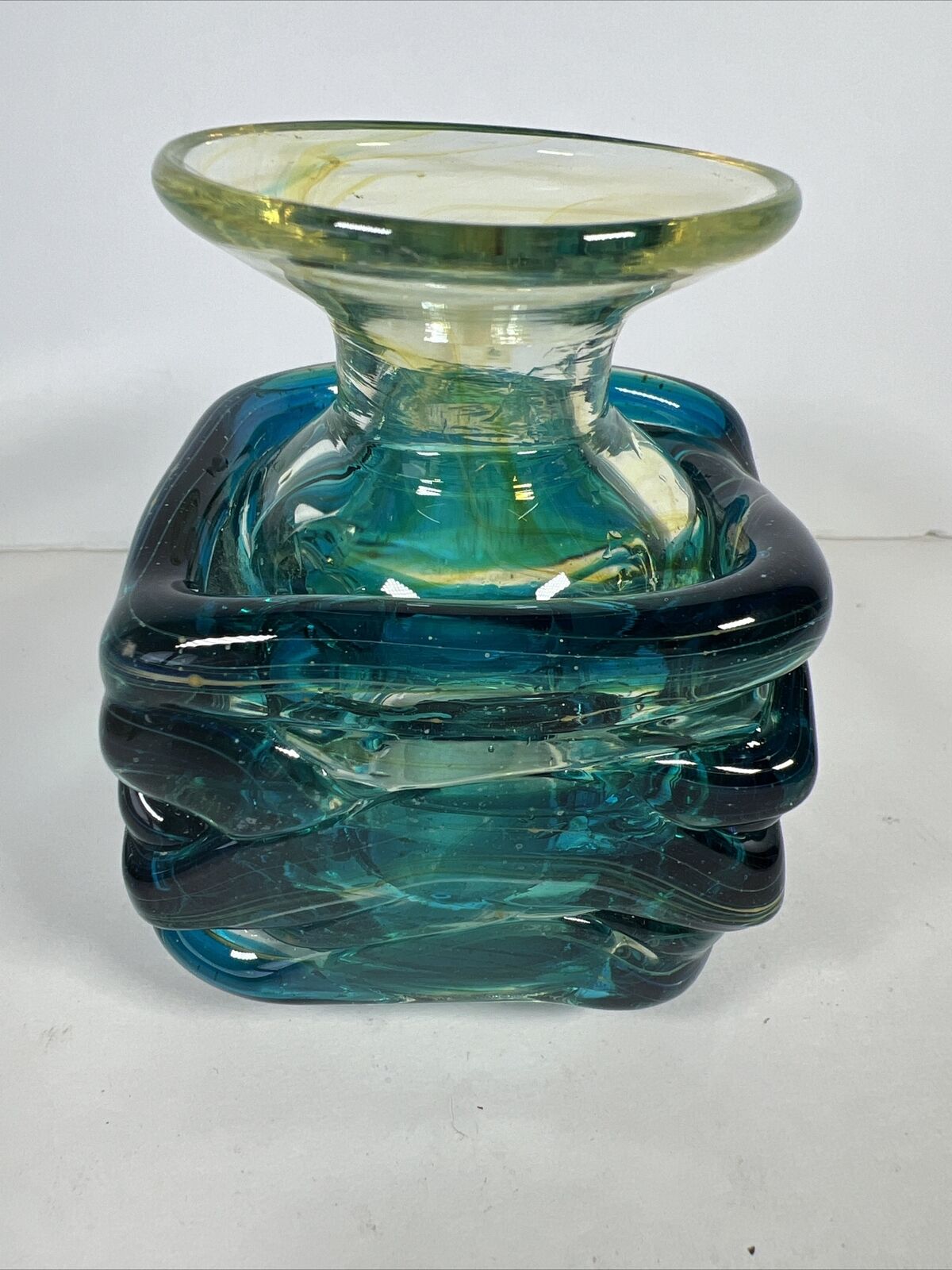 VTG Mdina Glass Hand-Blown Blue Vase w/Unique Asymmetrical Design Artist signed