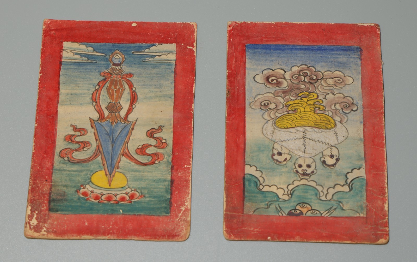 Real Pair Tibet 1800s Antique Tsaklis Thangka Phurba Kapala Skull Offering Bowl Real Pair Tibet 1800s Antique Tsaklis Thangka Phurba Kapala Skull Offering Bowl