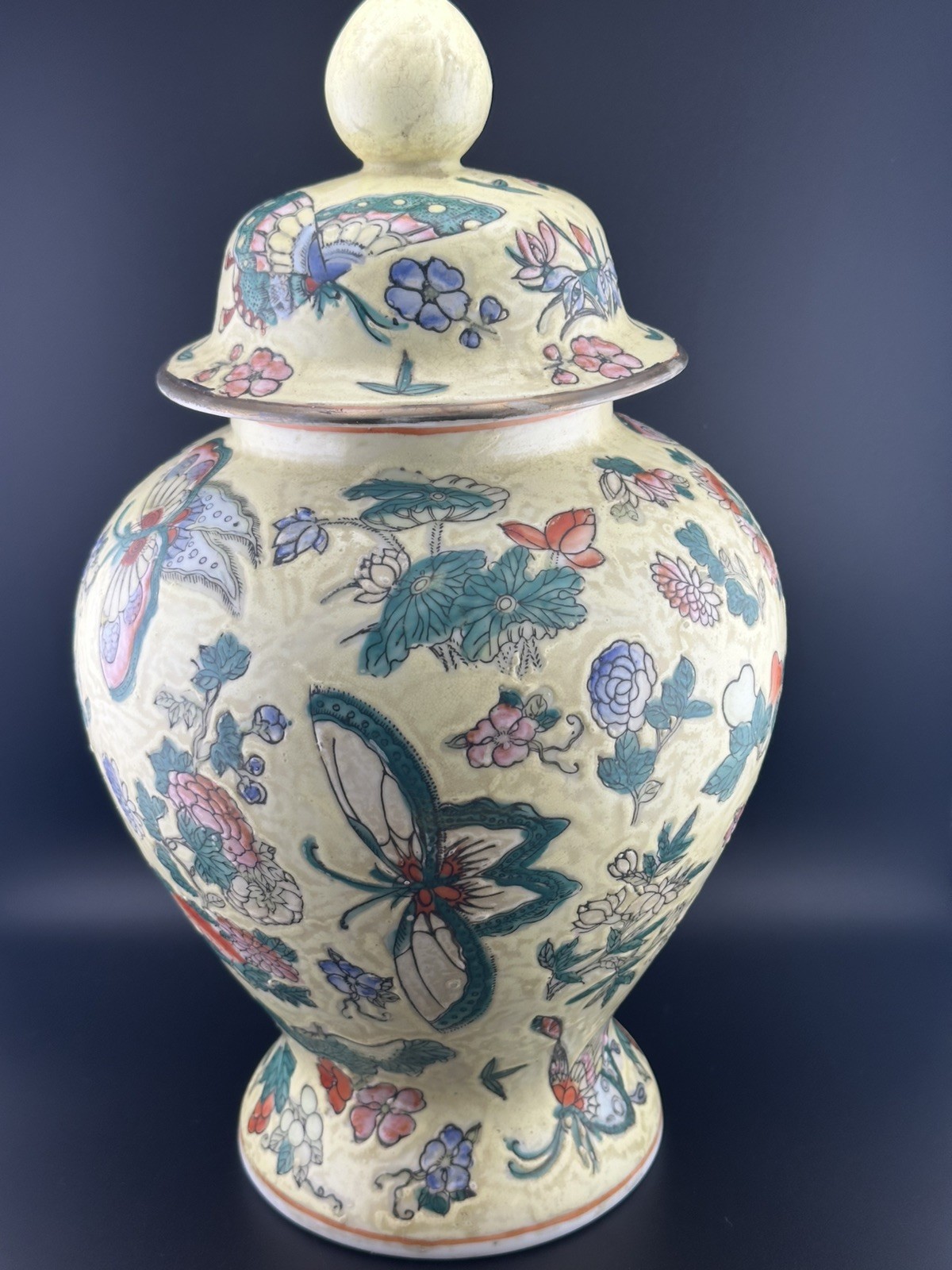 Vintage Ginger Jar from Macau China w/lid 14” Colorful Butterflies Flowers Asian Vintage Ginger Jar from Macau China w/lid 14” Colorful Butterflies Flowers Asian