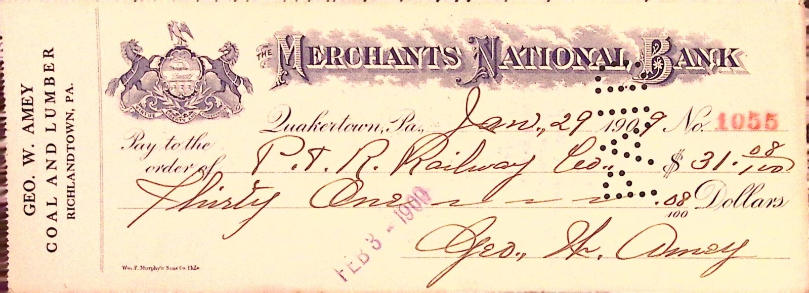 1909 Merchants National Bank Quakertown PA P&R Railway Co Bank Check 1909 Merchants National Bank Quakertown PA P&R Railway Co Bank Check