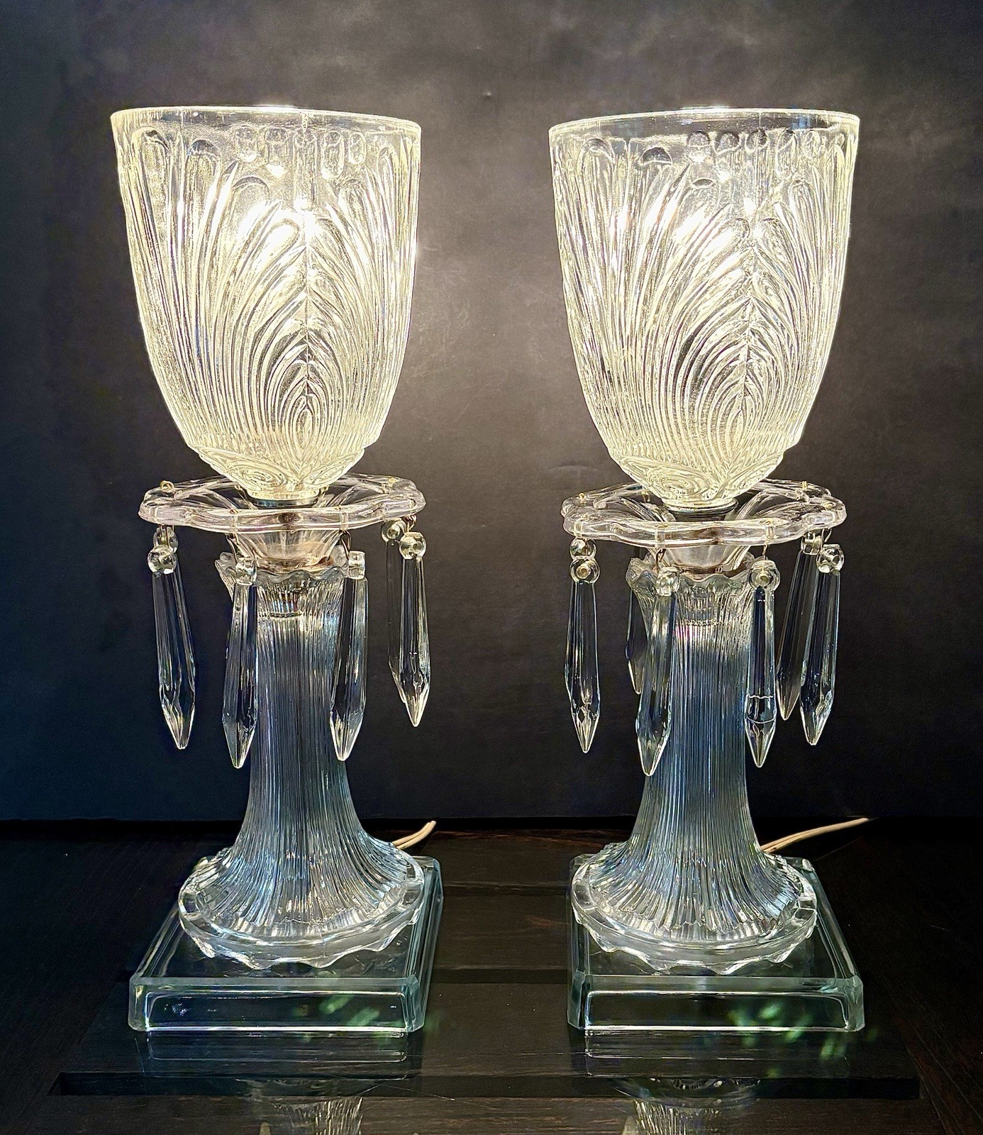 Antique Original Art Deco 1930s 40s Glass Boudoir Crystal Lamp Set Victorian Vtg