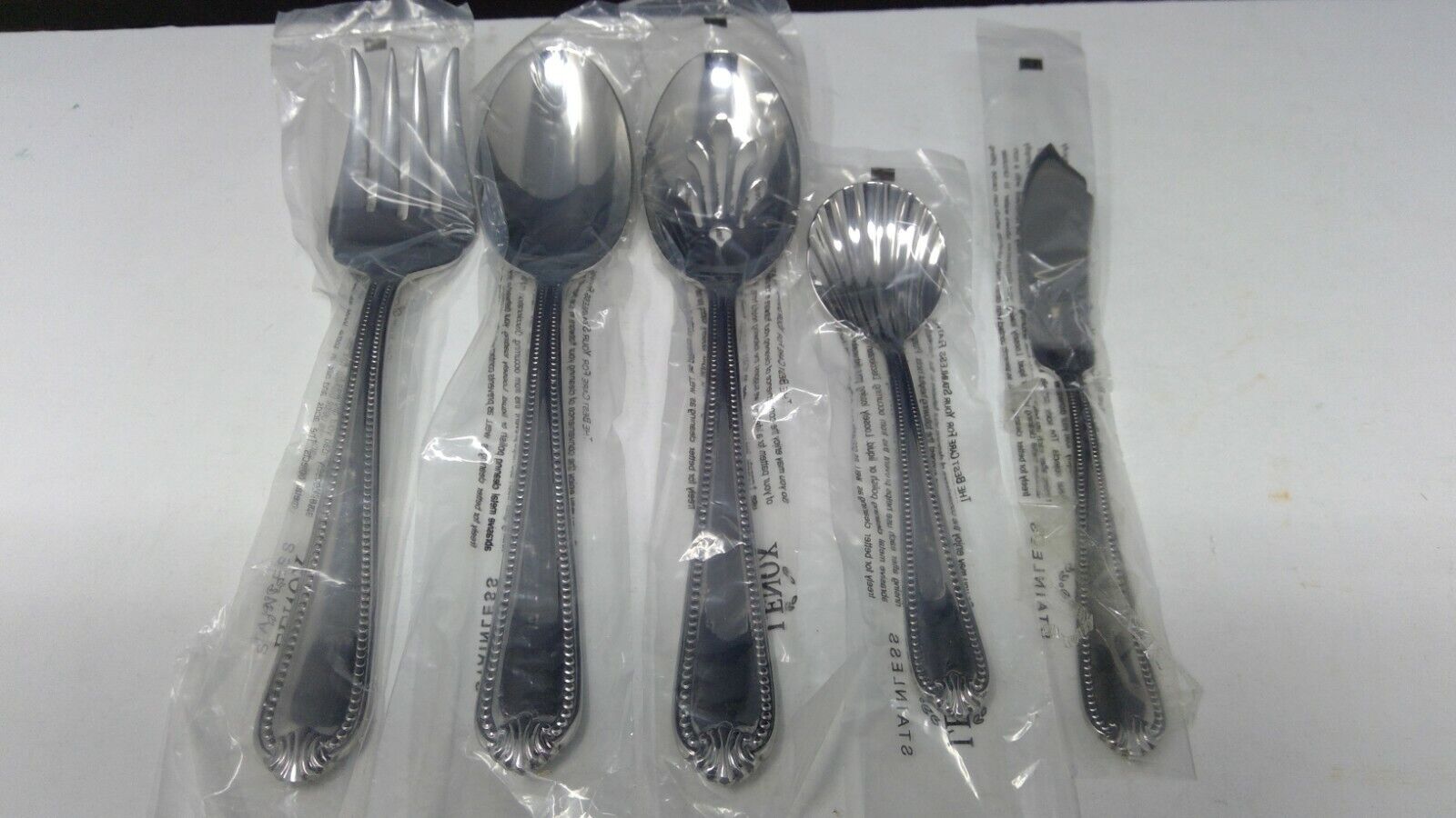 NIP Lenox Bead Glossy 18/10 Stainless Set of 5 Serving Pieces Fork Knife Spoon