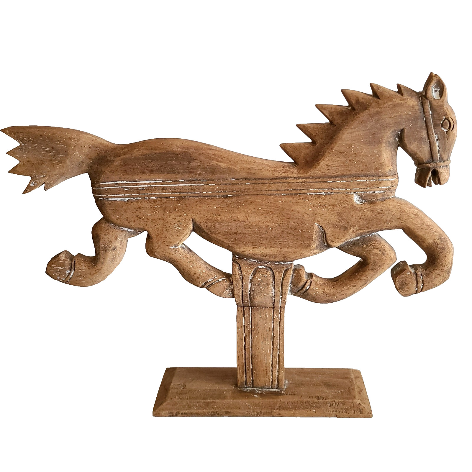 Vintage Hand Carved Wood Folk Art Galloping Horse on Stand Sculpture Antique