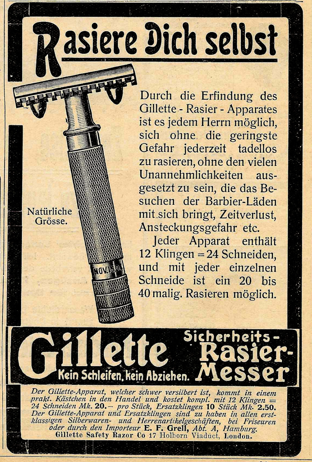 Advertisement Advertising 1907: GILLETTE - SHAVE YOURSELF 90x150mm