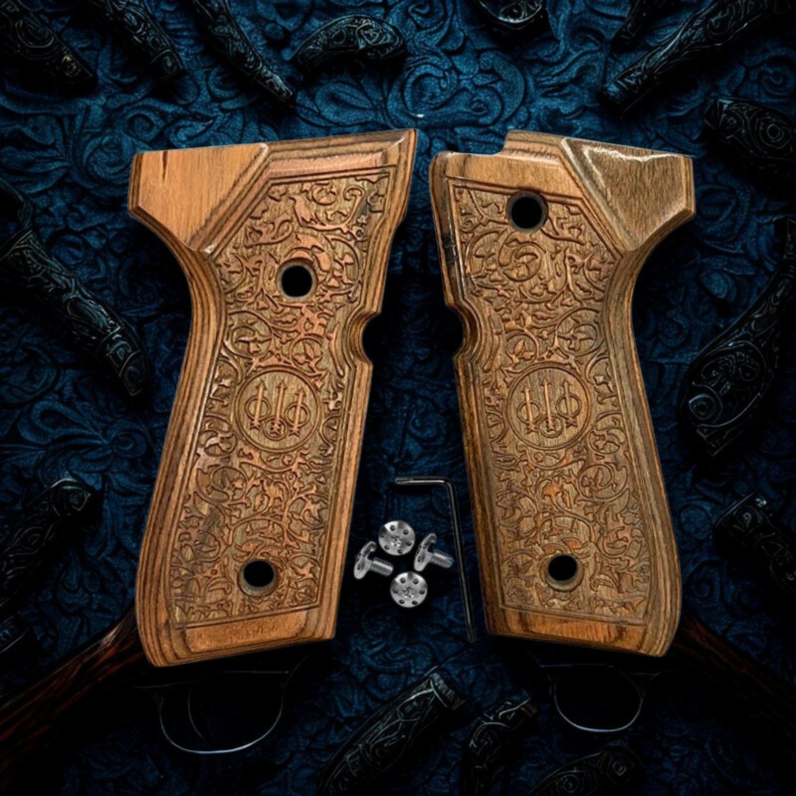 Beretta 92FS Wood Grips Custom Engraved Rosewood 92 96 M9 Pistol Handle + Screws